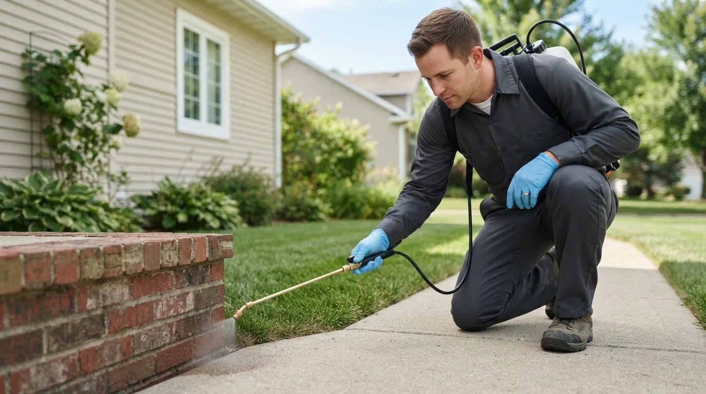 Pest control technician treating a home near Quinter, KS